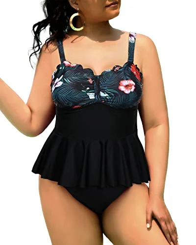 durable striped bikini-Tummy Control Bathing Suits Scalloped Design Plus Size Tankini Swimsuits-Black Floral