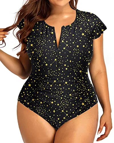 quick-dry mesh bikini-Cap Sleeves Plus Size Swimsuit for Women Tummy Control Bathing Suits