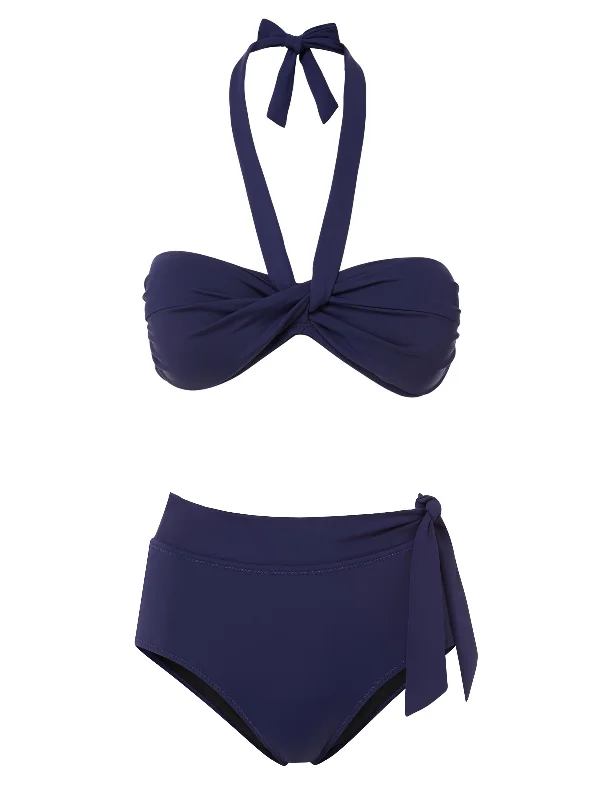 Loryn Top + Side Tie High Waist Bottom in Navy Satin