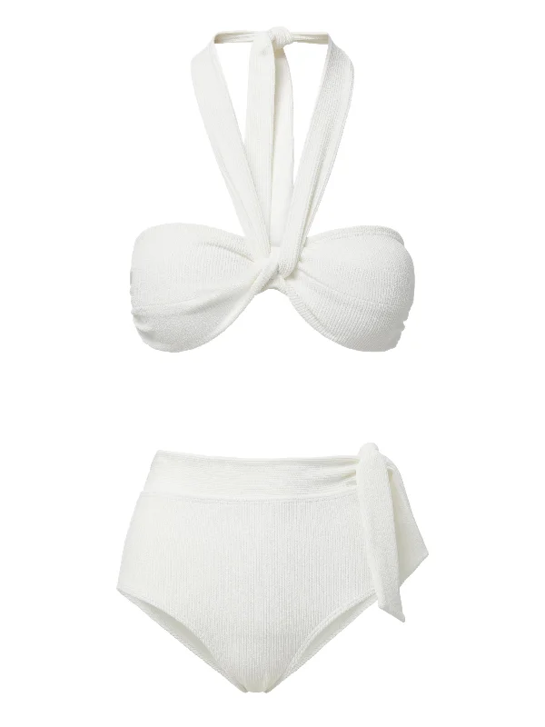 Loryn Top + Side Tie High Waist Bottom in Ivory Texture