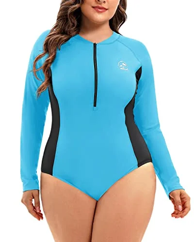 One Piece Rash Guard For Women Plus Size Upf 50+ Long Sleeve Zipper Swimsuit-Aqua