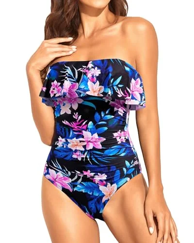 One Piece Strapless Swimsuits for Women Tummy Control Bathing Suits Ruffle Slimming Swimwear