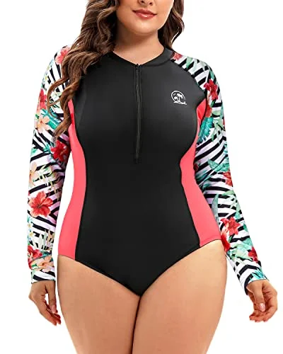 Plus Size One Piece Rash Guard Long Sleeve Zipper UPF 50+ Surfing Swimsuit