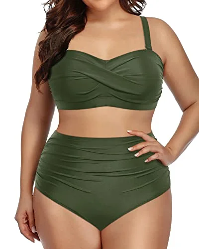 durable tropical bikini-Twist-Front Plus Size High Waist Bikini Two Piece Bathing Suits For Women-Army Green