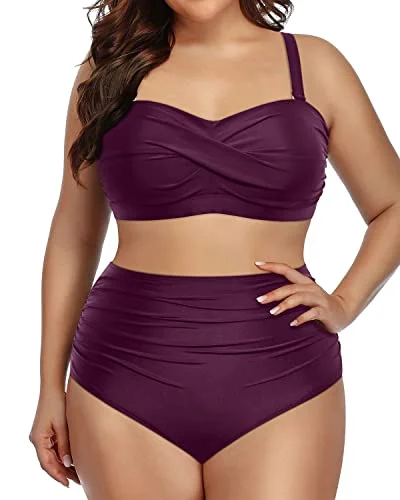 soft pink bikini-Twist-Front Plus Size Tummy Control Two Piece Swimsuits Bandeau Bikini Set-Maroon