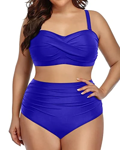 tropical abstract bikini-Twist-Front Plus Size High Waisted Bikini Set Bandeau Swimsuits For Women-Royal Blue