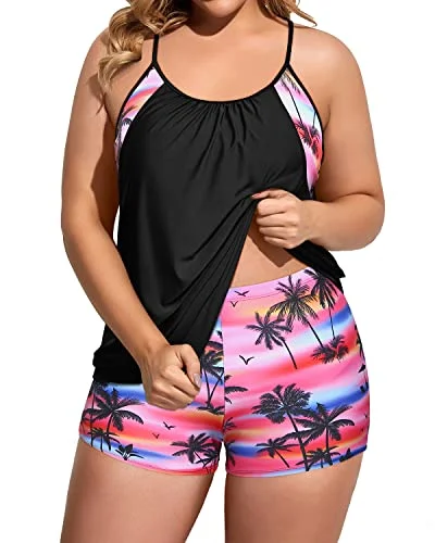 Loose Fit Two Piece Tankini Set Bathing Suits For Women-Black Conut Tree