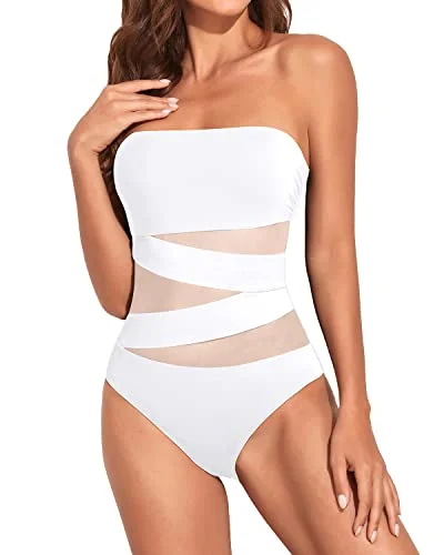 Ruched Women One Piece Bathing Suits Strapless Bandeau Swimwear-White