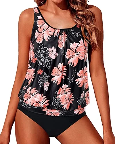 soft tropical bikini-Pretty And Flattering Blouson Tankini Swimsuits For Women-Black Orange Floral