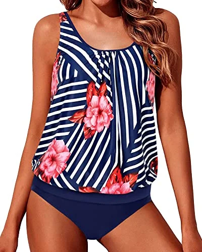 luxury striped bikini-Push Up Sewn-In Bra Cups Ladies Swimsuits Tankini-Blue Floral