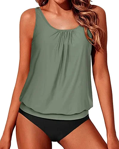 seamless abstract bikini-Push Up Bra Cups Blouson Tankini Swimsuits For Women-Olive Green