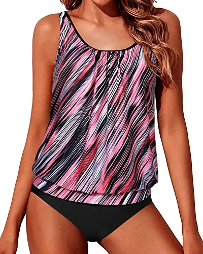 vintage floral bikini-Adjustable Shoulder Straps Blouson Tankini Swimsuits For Women-Pink Stripe