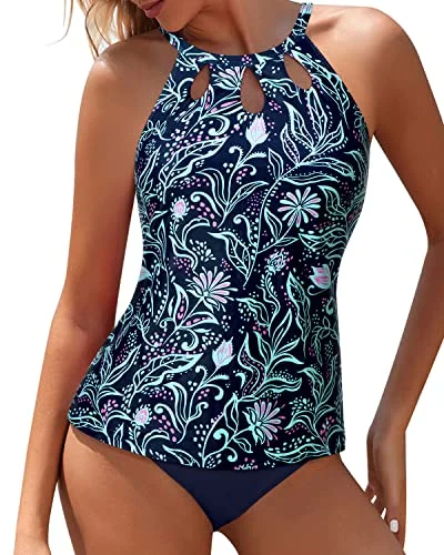 classic green bikini-Stylish Keyhole Design Tummy Control Tankini Bathing Suit-Blue Floral