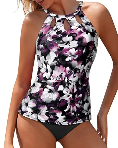 sporty floral bikini-Backless Halter Neck Sexy Tankini Swimsuits For Women High Waisted Shorts-Purple Floral