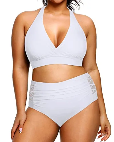 supportive floral bikini-Women's Slimming Two Piece Plus Size Halter Bikini Swimsuit-White