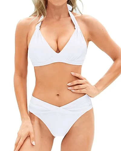 retro geometric bikini-Push Up Bikini Set Halter Swimsuit Two Piece Bathing Suits For Women-White