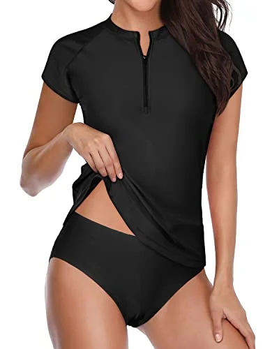 Unique Two Piece Short Sleeve Rash Guard Cap Sleeve Bathing-Black