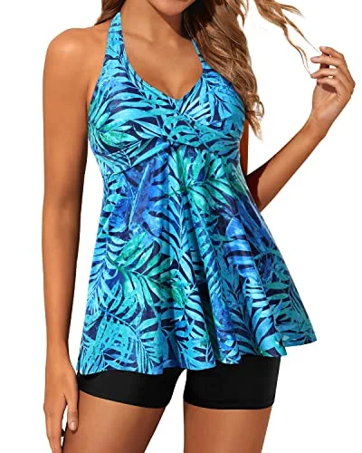 Two Piece Tankini Swimsuits For Women Shorts Flowy Twist Front Swimwear-Dark Blue Green Leaves