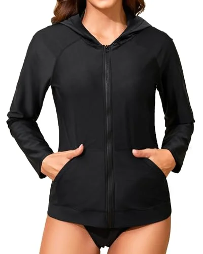 Two Piece Womens Long Sleeve Hooded Rash Guard Zip Up Swimsuit with Pockets UPF 50+ Swim Shirt with Bikini Bottom