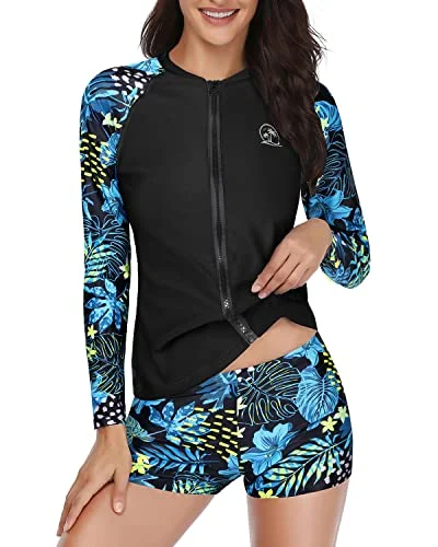 trendy striped bikini-Long Sleeve Zipper Rash Guard For Women Upf 50+ Swim Shirt With Shorts-Blue Leaf