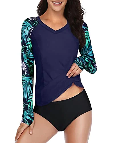 Women's Long Sleeve Rash Guard With Bottom Long Sleeve-Blue Leaf