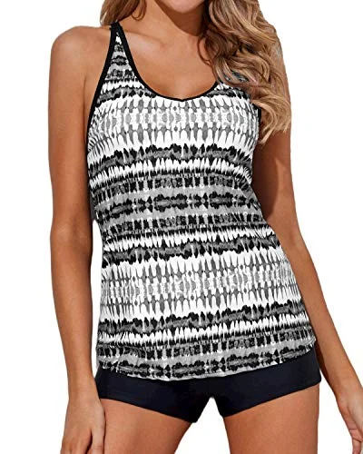 Women's 2 Piece Tankini Swimsuits Boy Shorts Athletic Swim Tank Top-Black And White Tribal