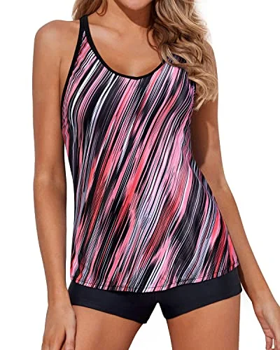 UV-protective striped bikini-Comfortable Tankini Swimsuits Mid-Waist Shorts For Women-Pink Stripe