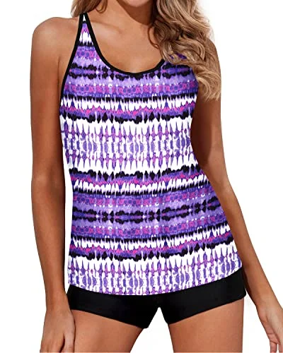 padded geometric bikini-Modest Tankini Swimsuit Boy Shorts For Women-Purple Tribal