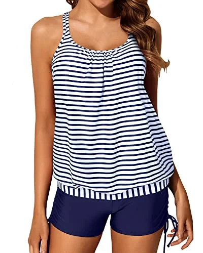 padded striped bikini-Athletic Strappy Criss Cross Back Swimsuits Full Coverage Boy Shorts-Blue White Stripe