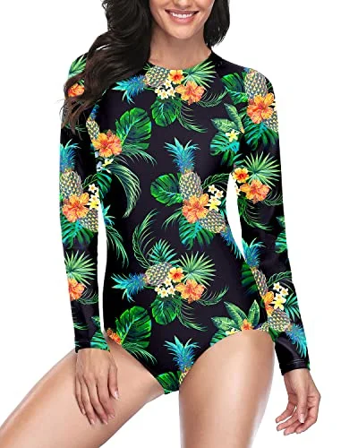 elegant floral bikini-Womens Zipper Surfing Swimsuit Upf 50 Rash Guard Long Sleeve Swimsuit-Black Pineapple