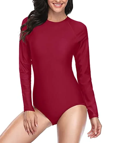 boho floral bikini-Unique Zipper Back Design Rash Guard Long Sleeve Swimsuit-Red