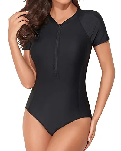 padded mesh bikini-Upf 50+ Bathing Suit Surfing Swimwear Short Sleeve Rash Guard For Women-Black