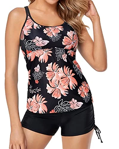 tropical floral bikini-Athletic Women's Tankini Swimsuits High Waisted Boy Shorts-Black Orange Floral