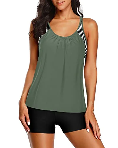 quick-dry mesh bikini-Criss Cross Back Tankini Set Casual Tankini Set-Army Green