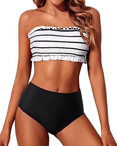 trendy abstract bikini-Ruffled Women's Bandeau Bikini Set Two Piece Smocked Swimsuit-Black And White Stripe