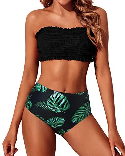 Strapless Ruffle Off Shoulder Bandeau Bikini Set High Waisted Bottoms-Black Leaf