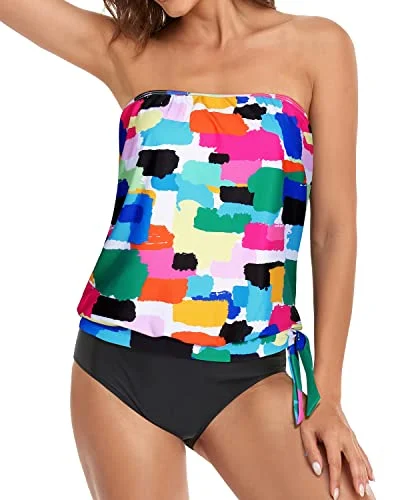 sporty striped bikini-Loose Fit Bandeau Tankini Swimwear For Women-Aqua