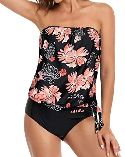 floral tie-dye bikini-Strapless Bandeau Tankini Sets For Women-Black Orange Floral