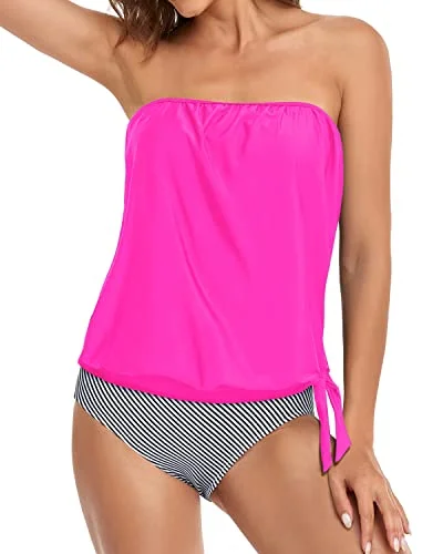 colorful floral bikini-Straight Neckline Bandeau Tankini For Modest Coverage-Hot Pink Stripe