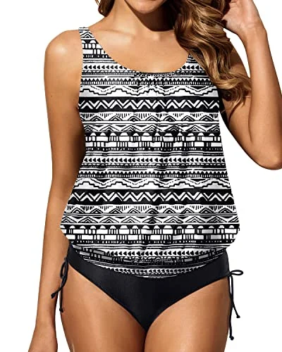 chic striped bikini-Women Tummy Control Removable Padded Push Up Cups Tankini-Black Tribal