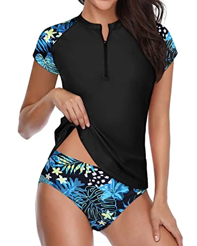 retro floral bikini-Short Sleeve Rash Guard Swimsuit With Built In Bra For Women-Blue Leaf