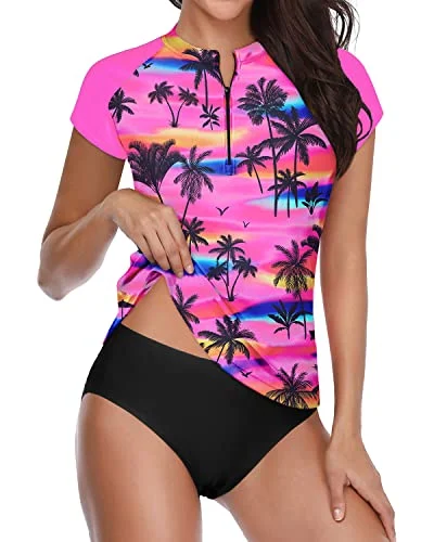 Short Sleeve Two Piece Zipper Swimsuit For Women-Pink Palm