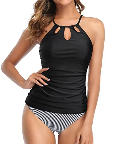 Halter Swim Tankini Top With Bikini Bottom For Women-Black Stripe