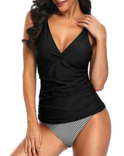 Two Piece Ruched Panel Tummy Control Swimsuits For Women-Black Stripe