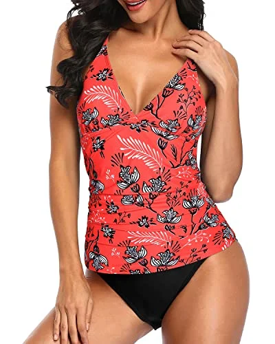 breathable triangle bikini-Flattering V Neck Tankini Set Swimsuits For Women-Red Floral