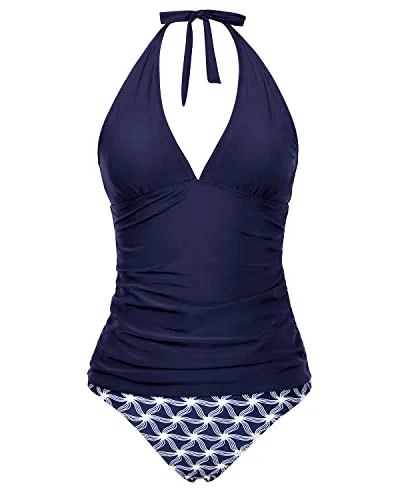 Women's Sexy V Neck Halter Tankini Top With Bikini Bottom-Navy Blue Tribal