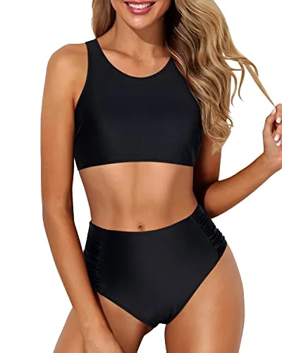 Women's Sporty Crop Top Bikini With Bottom For Teen Girls-Black