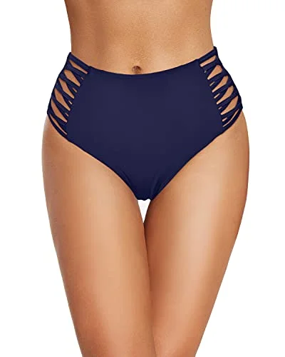 Retro High Waisted Bikini Bottom Full Coverage Strappy Swim Bottom-Navy Blue