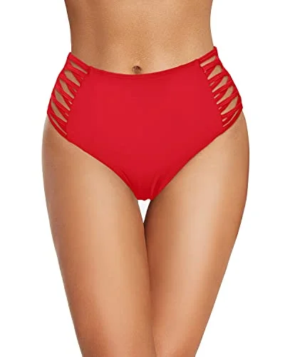 Retro Plus Size High Waisted Strappy Lace Up Swim Bottom-Red