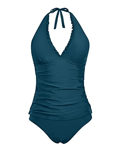 Two Piece V Neck Tankini Swimsuits With Bikini Bottoms For Women-Teal